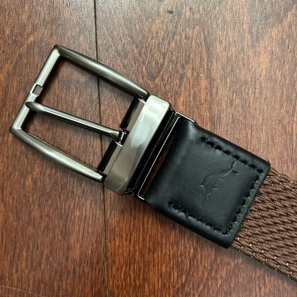 Tommy Bahama Men’s Brown Webbed Belt with Black Leather Trim, Size Large/XL